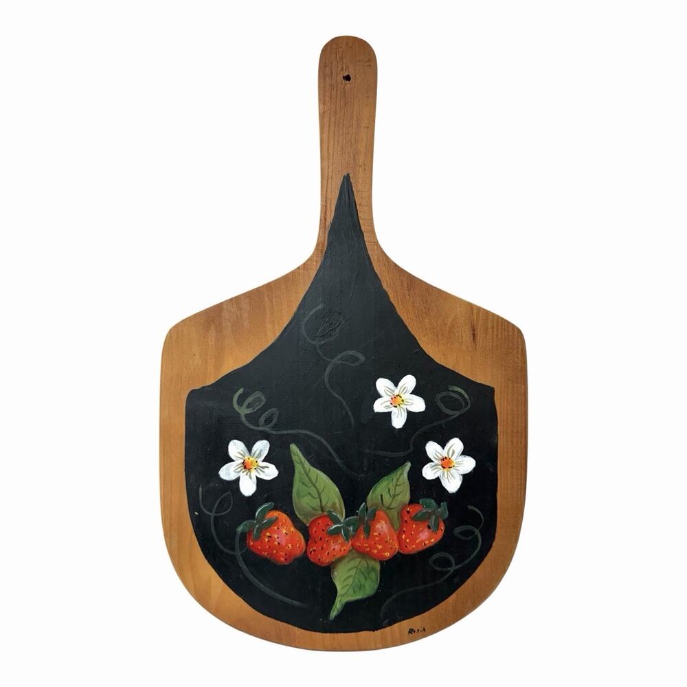 Vintage Wood Paddle Hand Painted Strawberry Floral Cutting Board Wall Art